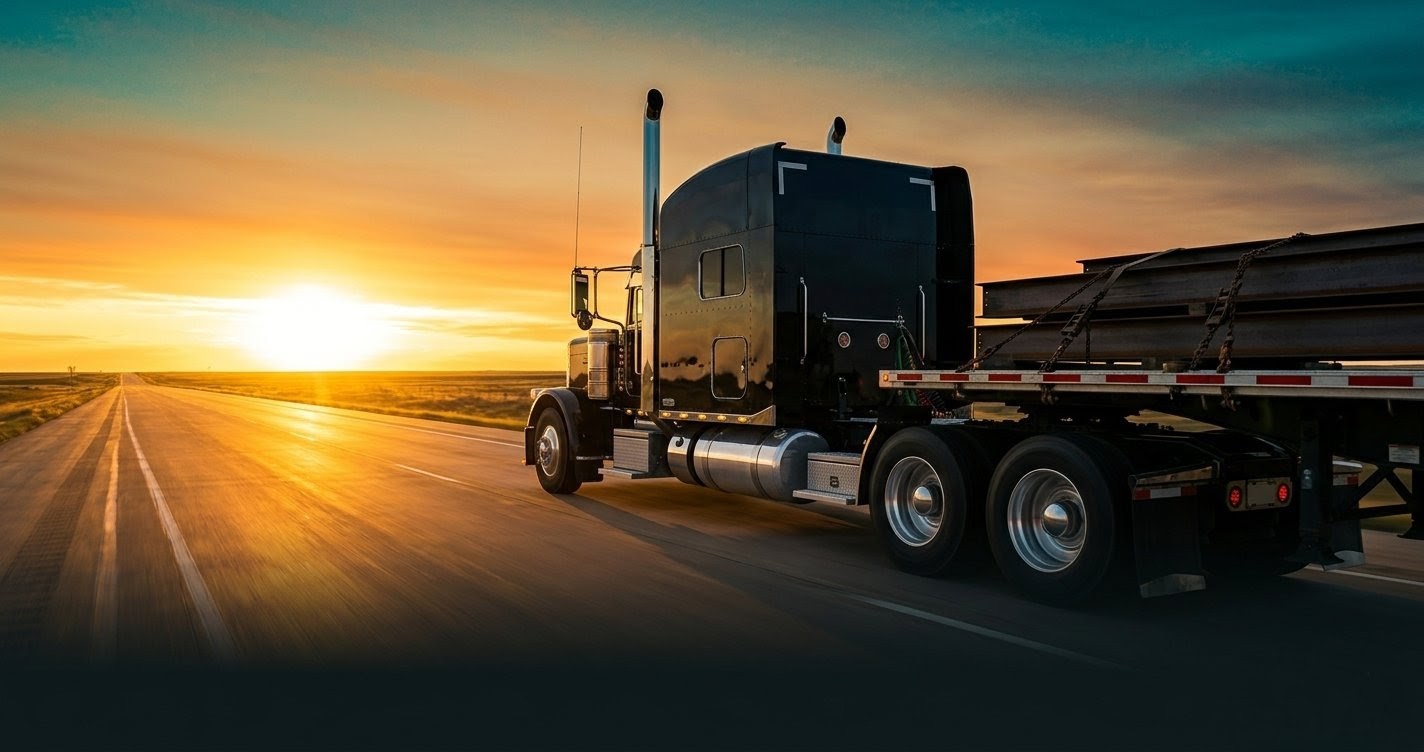 Flatbed semi truck on the road at sunset